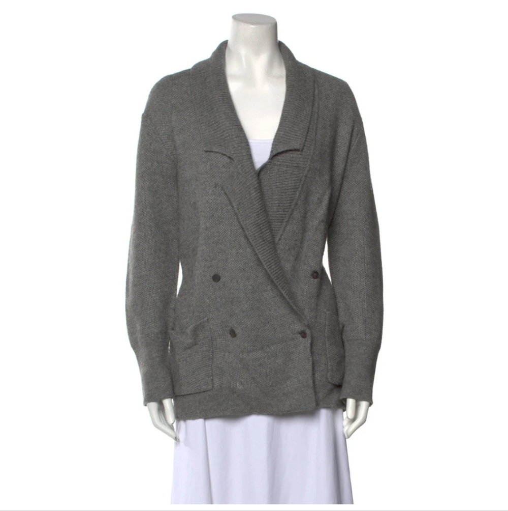 TSE Wool Silk Gray Double-Breasted Cardigan Sweater